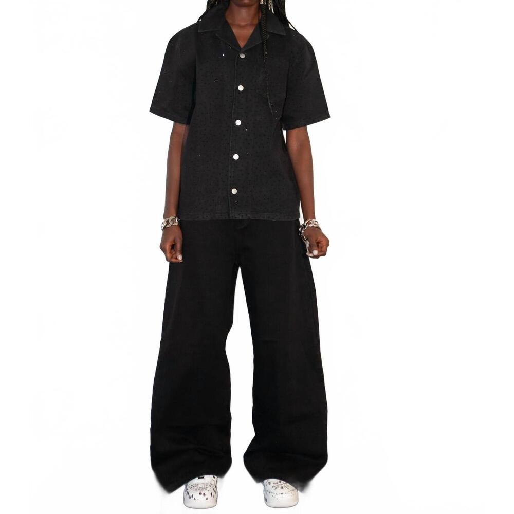 NEW KNOTWTR crystal denim short sleeve shirt in black